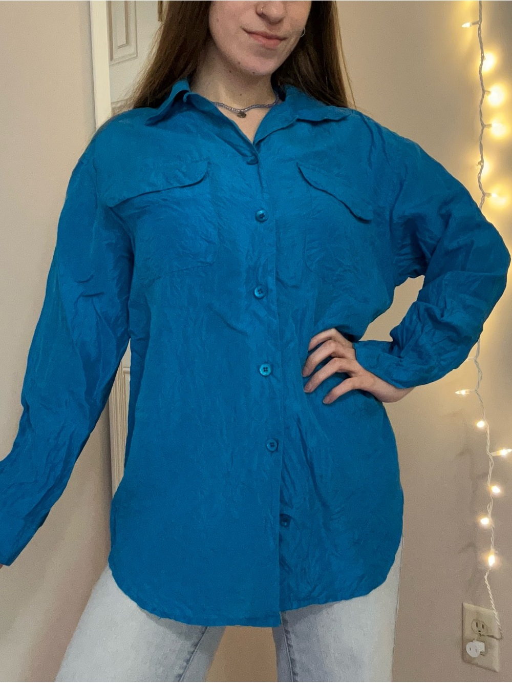 Blue Silk Button Up Shirt